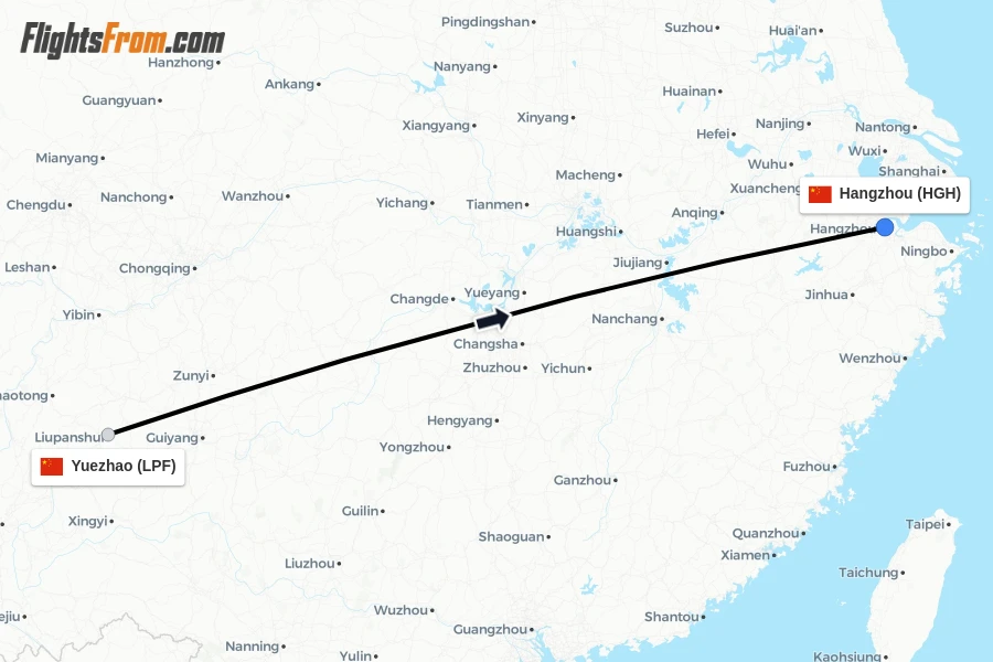 Flights from Yuezhao to Hangzhou route map