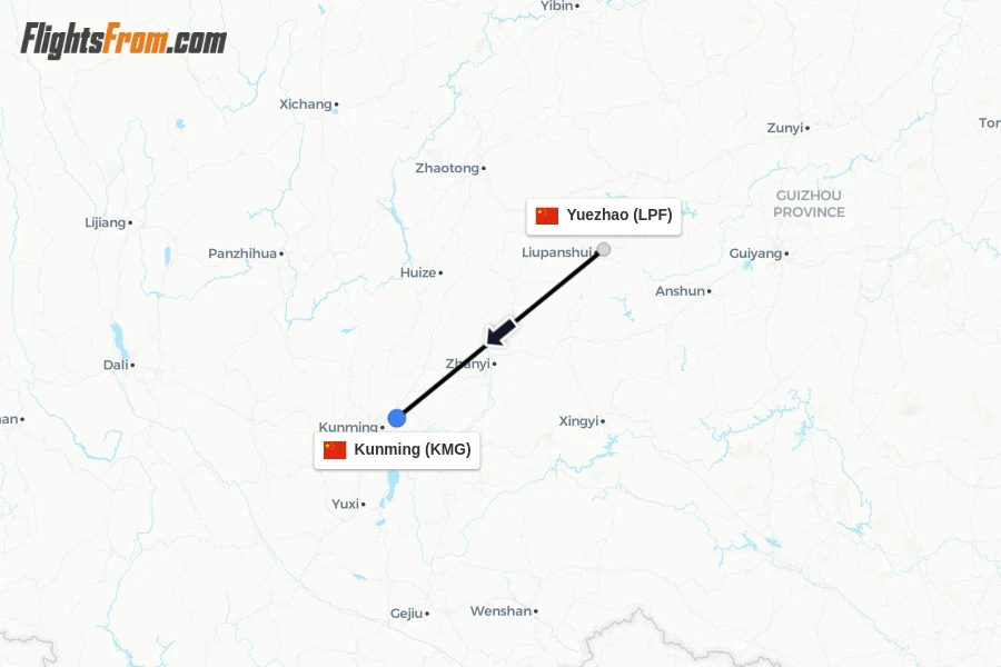 Flights from Yuezhao to Kunming route map