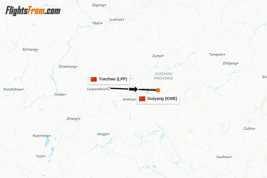 Flights from Yuezhao to Guiyang route map