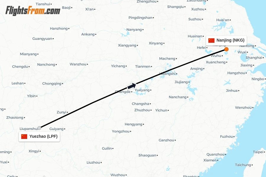 Flights from Yuezhao to Nanjing route map