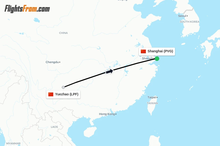 Flights from Yuezhao to Shanghai route map