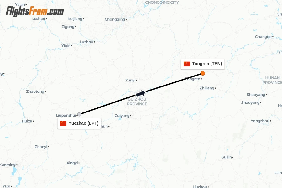 Flights from Yuezhao to Tongren route map