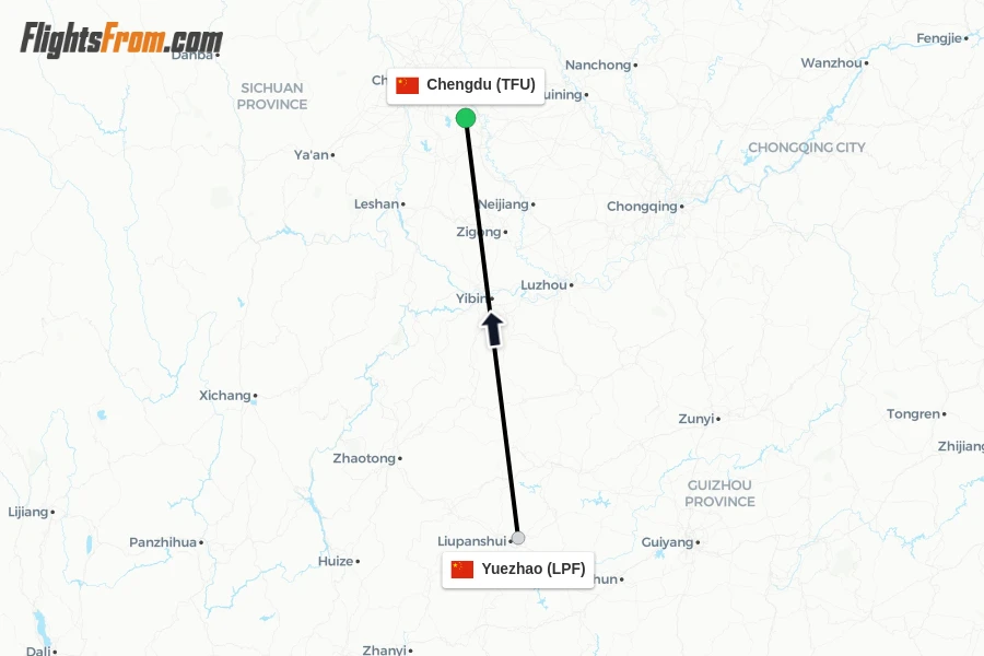 Flights from Yuezhao to Chengdu route map