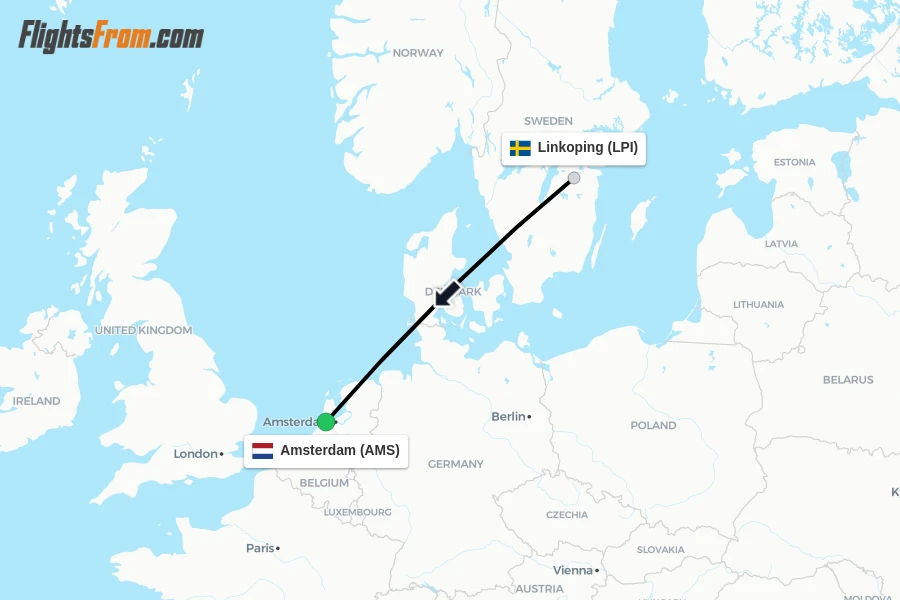 Flights from Linkoping to Amsterdam route map