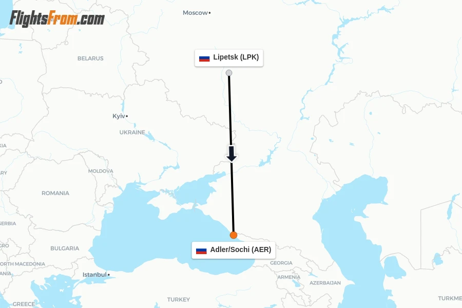 Flights from Lipetsk to Adler/Sochi route map