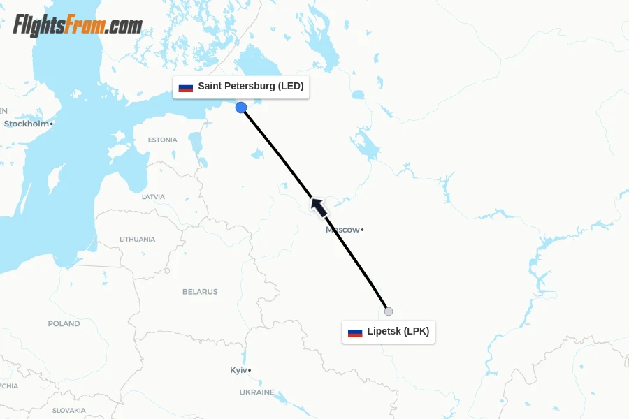 Flights from Lipetsk to Saint Petersburg route map