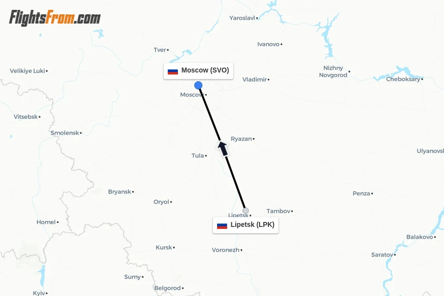 Flights from Lipetsk to Moscow route map