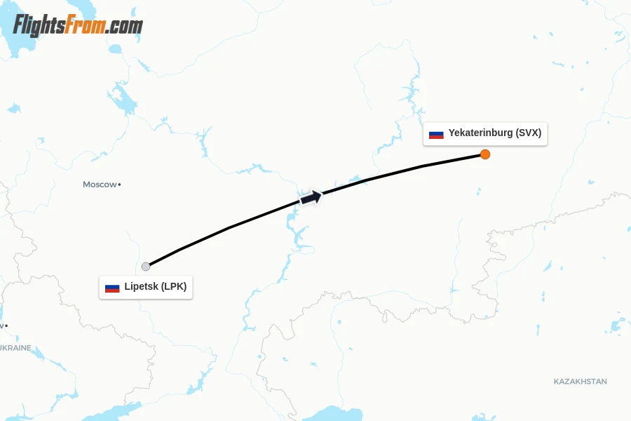 Flights from Lipetsk to Yekaterinburg route map