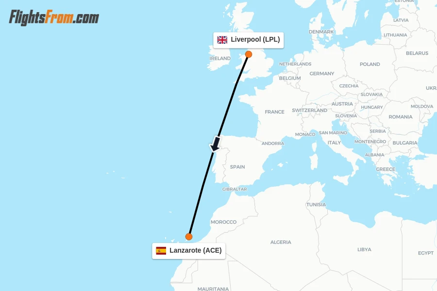 Flights from Liverpool to Lanzarote route map
