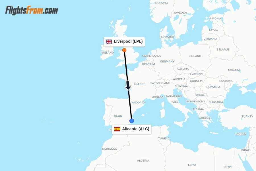 Flights from Liverpool to Alicante route map