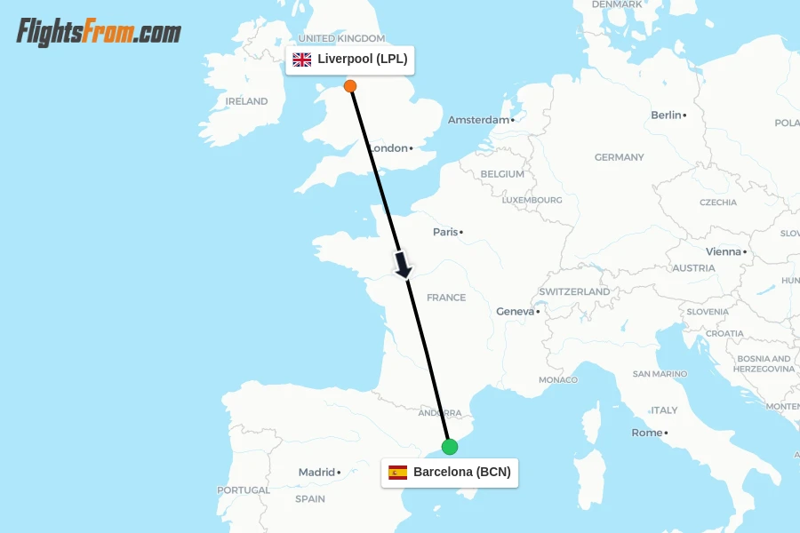 Flights from Liverpool to Barcelona route map