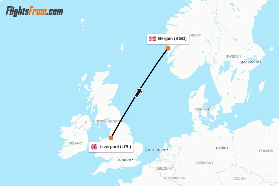 Flights from Liverpool to Bergen route map