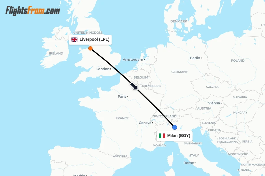 Flights from Liverpool to Milan route map