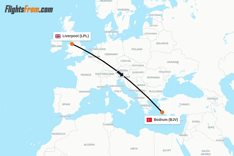 Flights from Liverpool to Bodrum route map