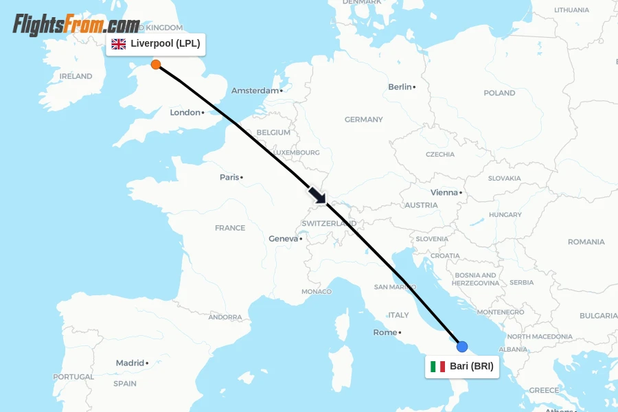Flights from Liverpool to Bari route map
