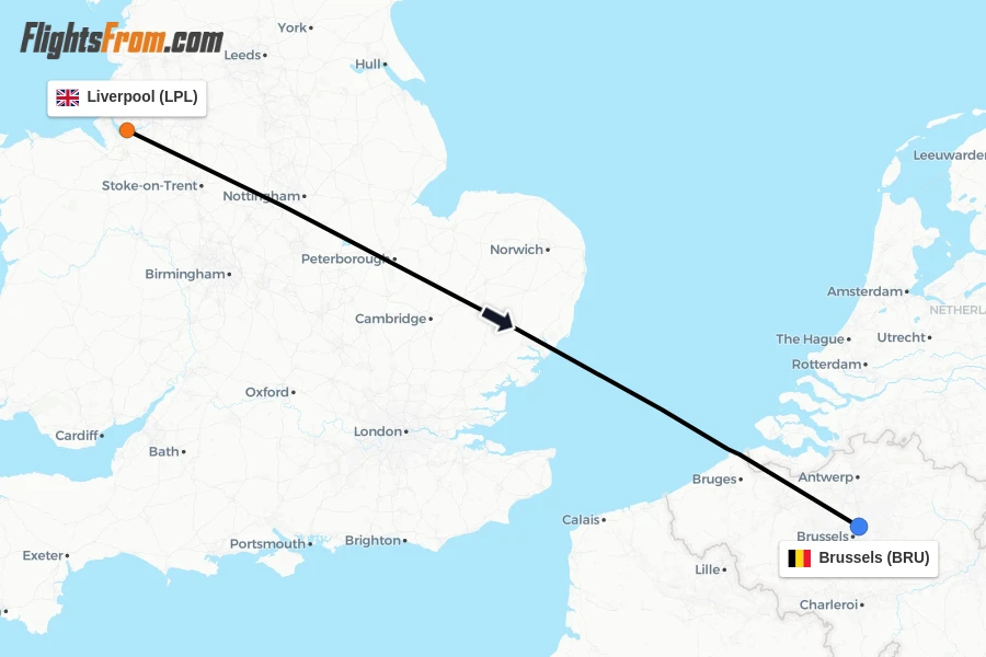 Flights from Liverpool to Brussels route map