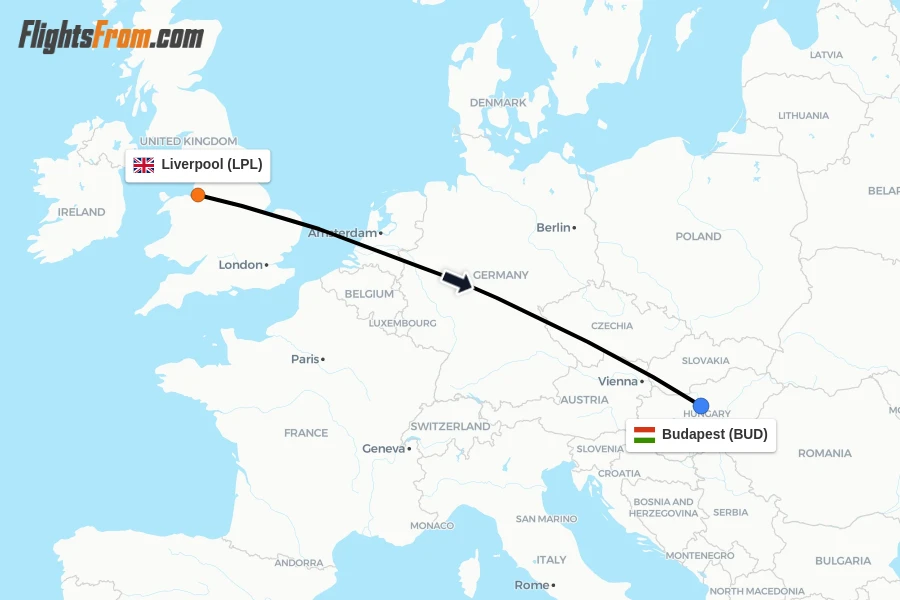 Flights from Liverpool to Budapest route map