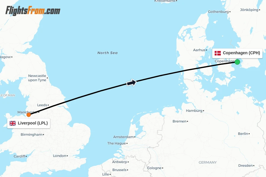 Flights from Liverpool to Copenhagen route map