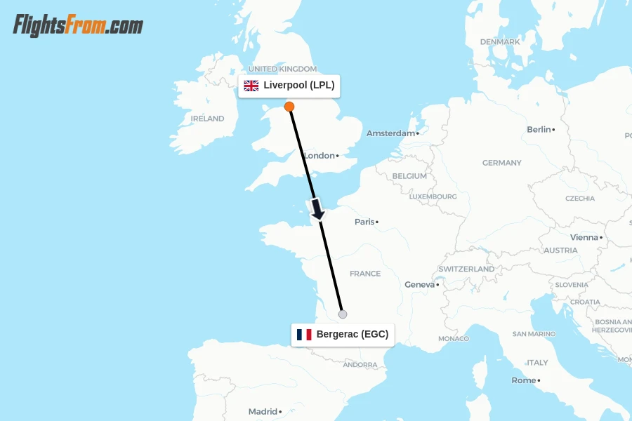 Flights from Liverpool to Bergerac route map