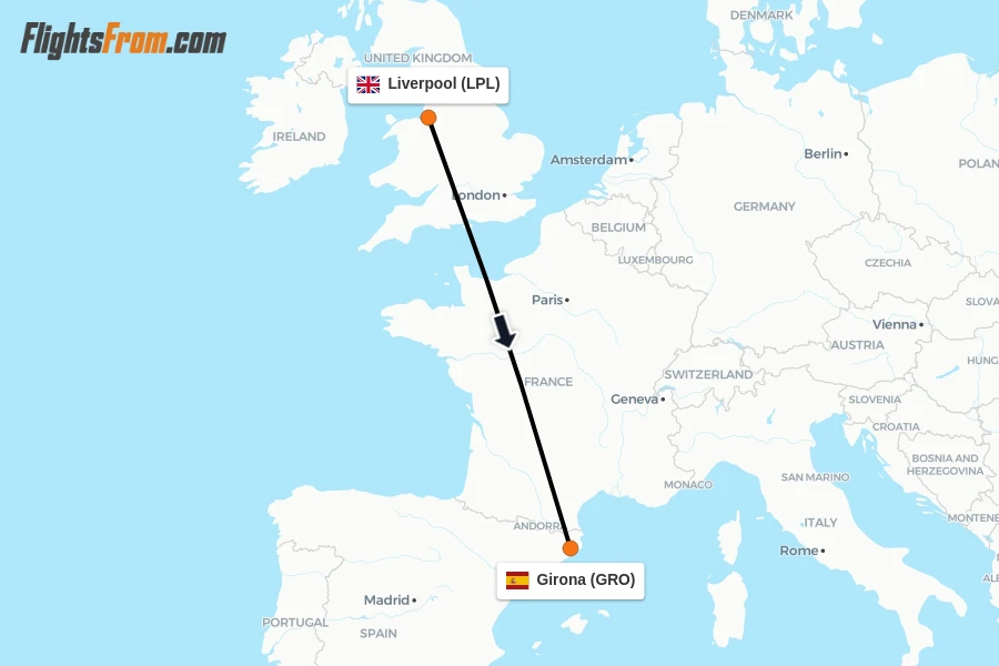 Flights from Liverpool to Girona route map