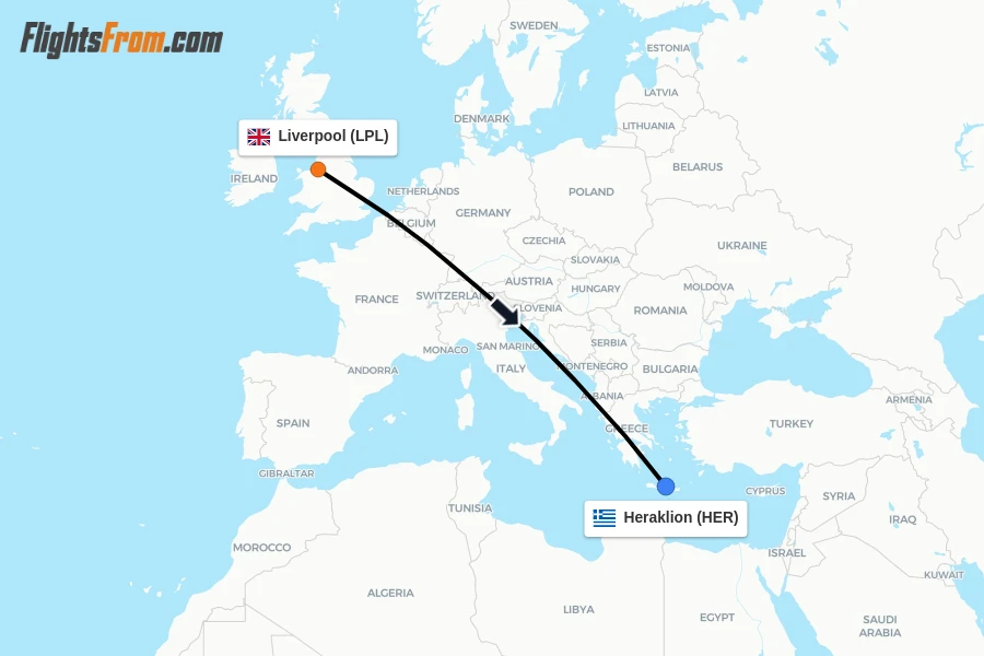 Flights from Liverpool to Heraklion route map