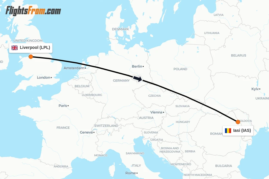 Flights from Liverpool to Iasi route map