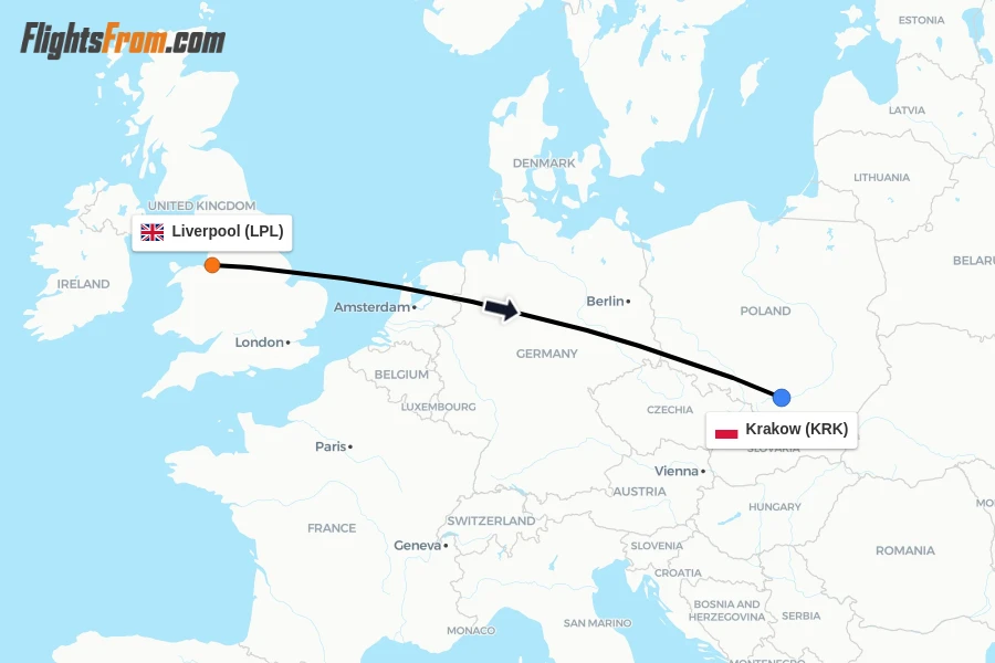Flights from Liverpool to Krakow route map