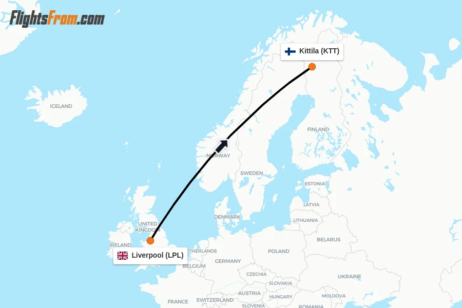 Flights from Liverpool to Kittila route map