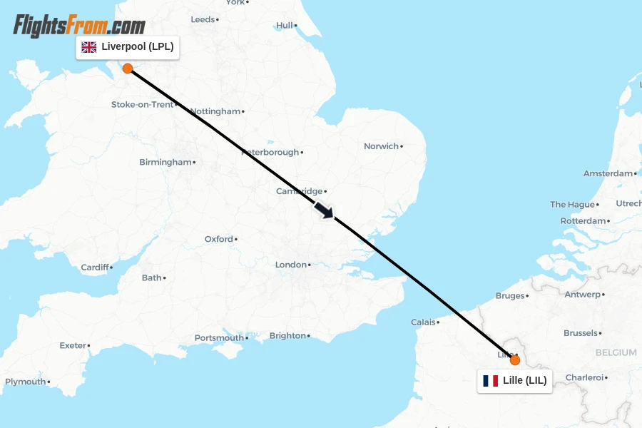 Flights from Liverpool to Lille route map