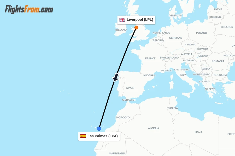 Flights from Liverpool to Las Palmas route map