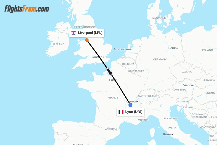Flights from Liverpool to Lyon route map