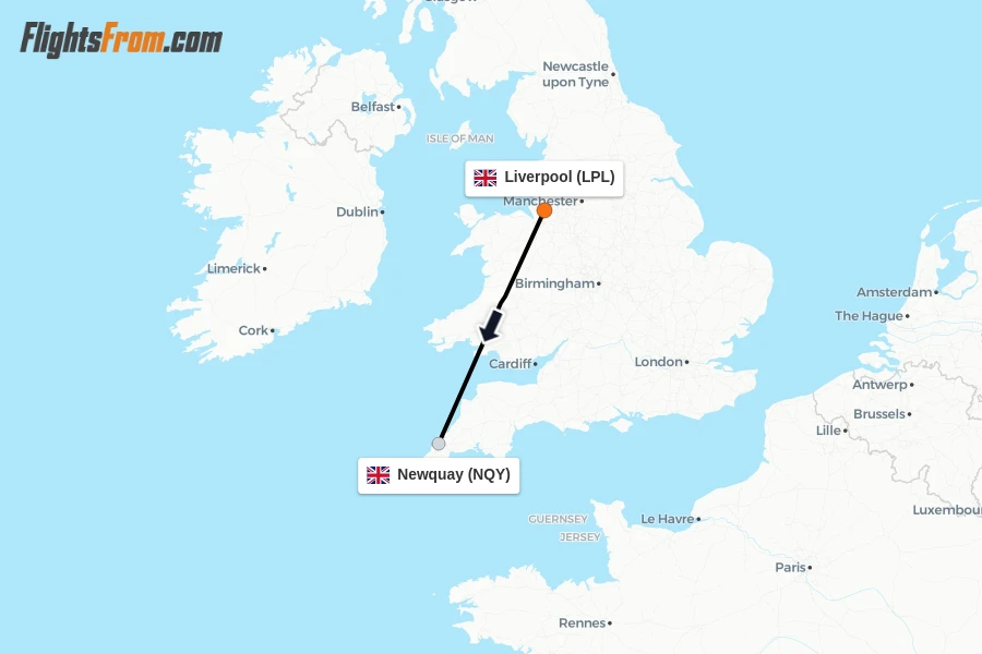 Flights from Liverpool to Newquay route map