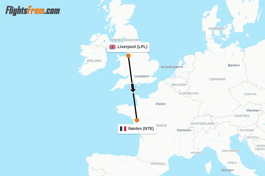 Flights from Liverpool to Nantes route map