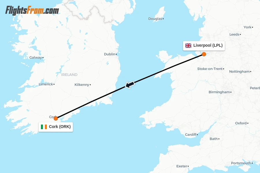 Flights from Liverpool to Cork route map