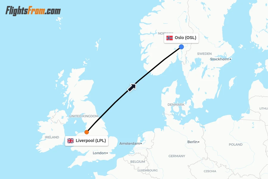 Flights from Liverpool to Oslo route map