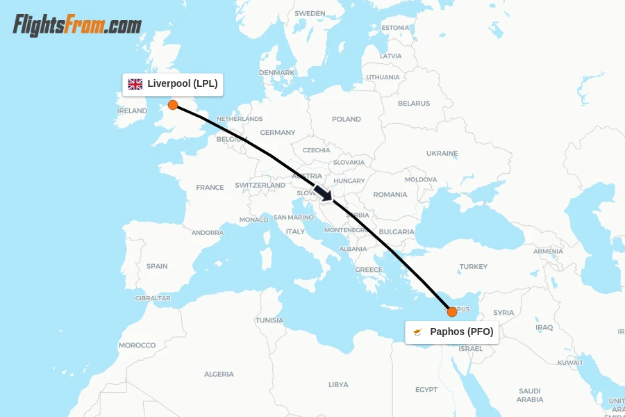 Flights from Liverpool to Paphos route map