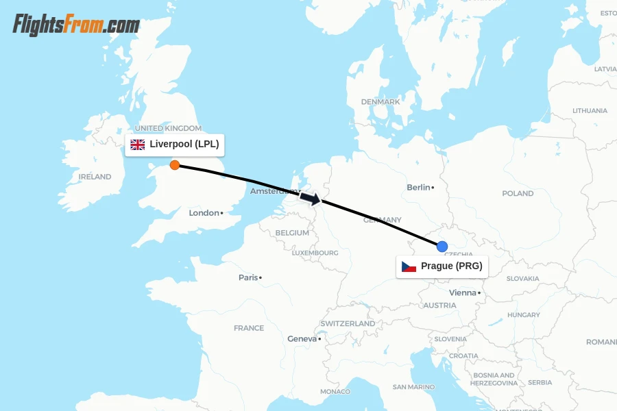 Flights from Liverpool to Prague route map