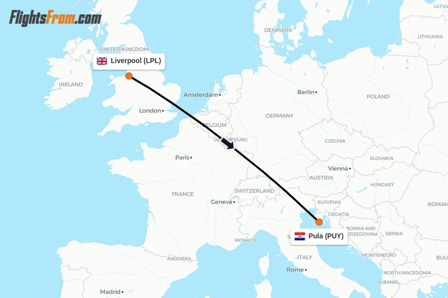 Flights from Liverpool to Pula route map