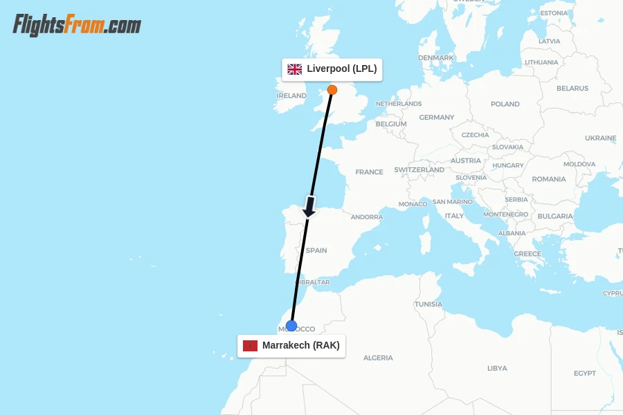 Flights from Liverpool to Marrakech route map