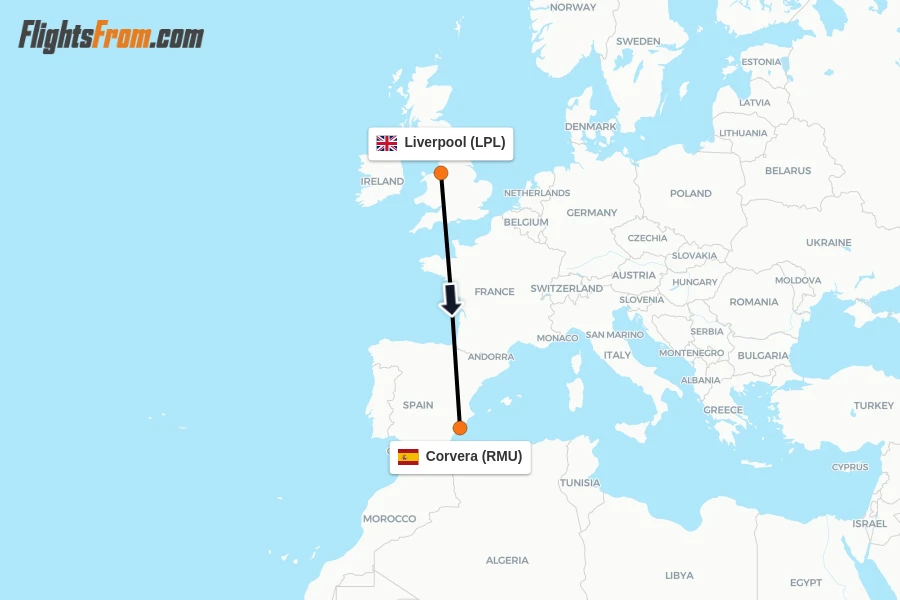 Flights from Liverpool to Corvera route map