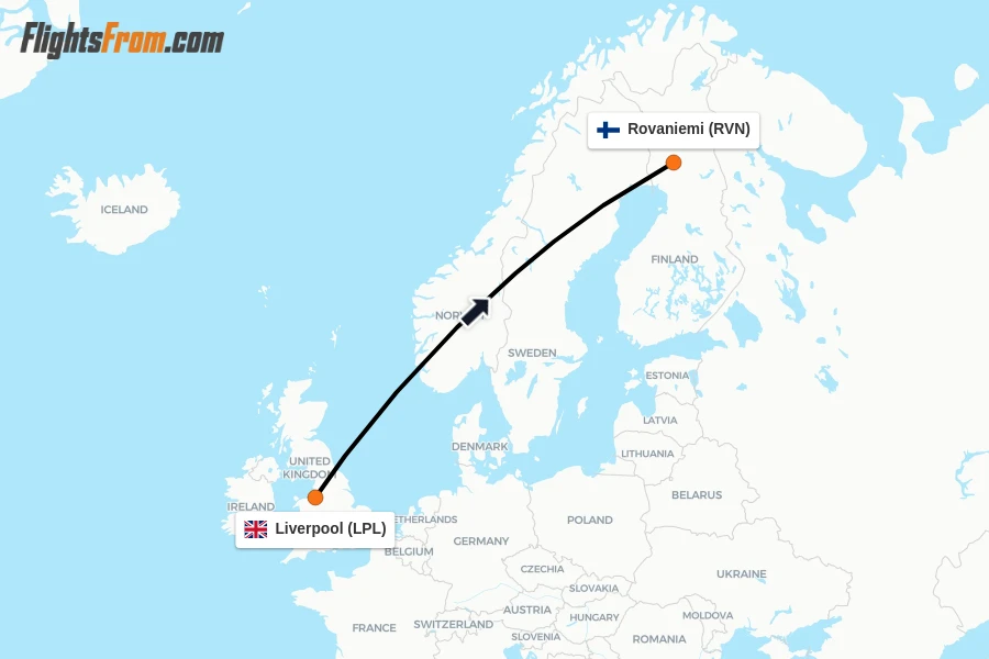 Flights from Liverpool to Rovaniemi route map
