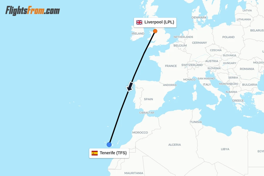 Flights from Liverpool to Tenerife route map
