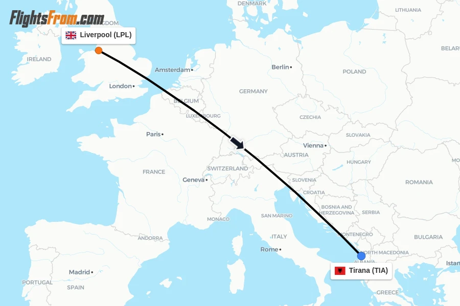 Flights from Liverpool to Tirana route map