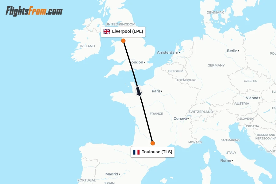 Flights from Liverpool to Toulouse route map