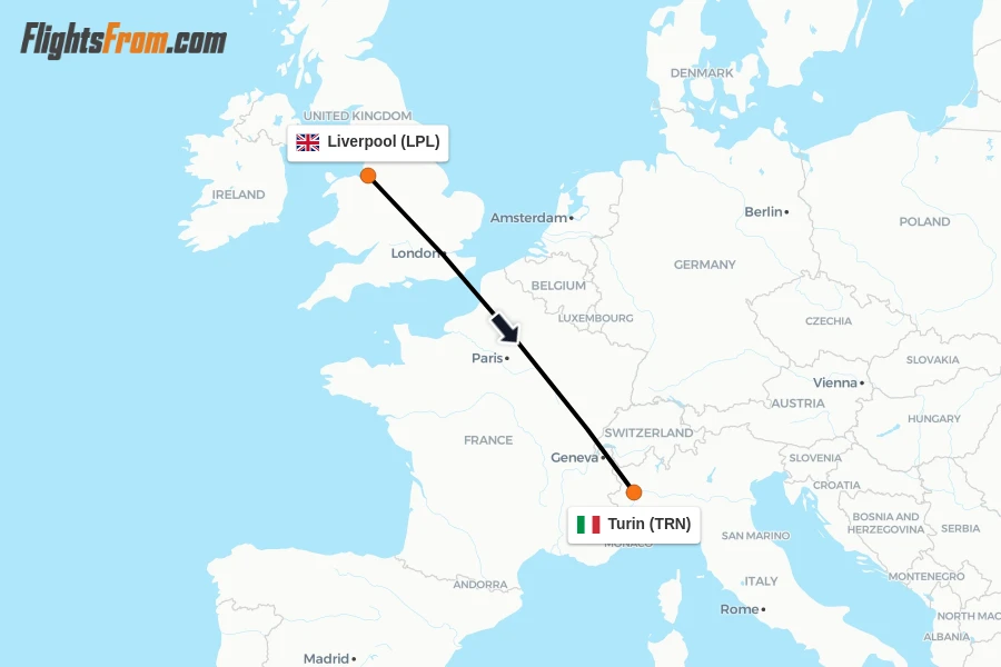 Flights from Liverpool to Turin route map