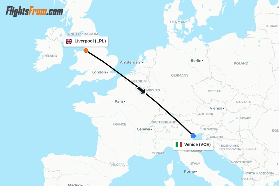 Flights from Liverpool to Venice route map