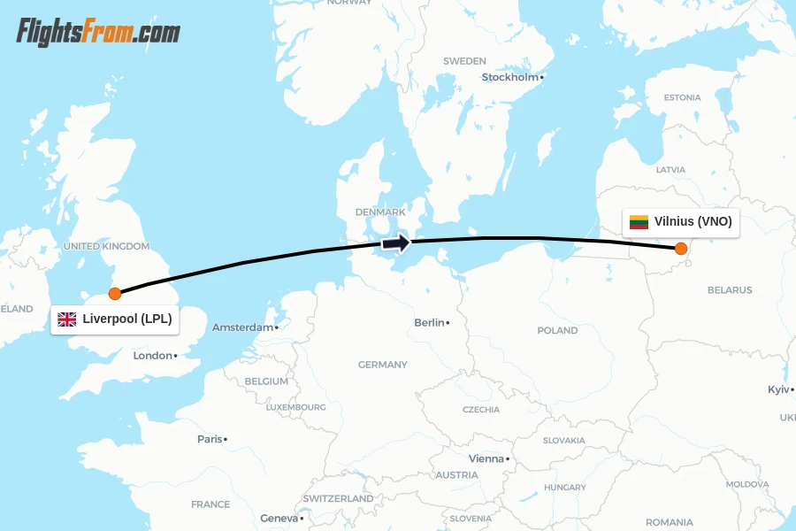 Flights from Liverpool to Vilnius route map