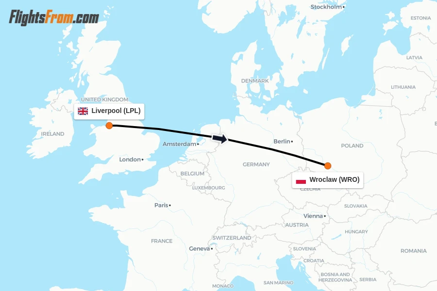 Flights from Liverpool to Wroclaw route map
