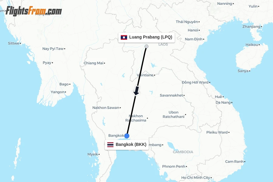 Flights from Luang Prabang to Bangkok route map