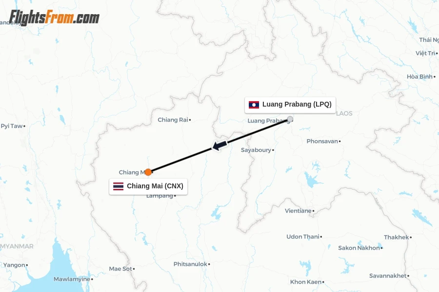 Flights from Luang Prabang to Chiang Mai route map